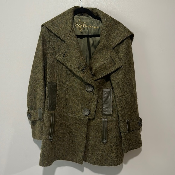 Mackage Forest Green Cashmere Blend Wool and Leather Pea Coat Sz L